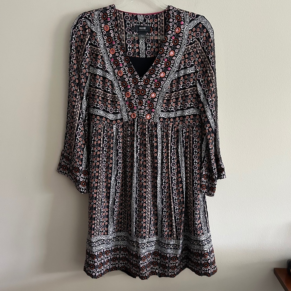 Maeve Anthropologie Tunic Dress Black XS Boho Floral Beaded V-Neck Long Sleeve